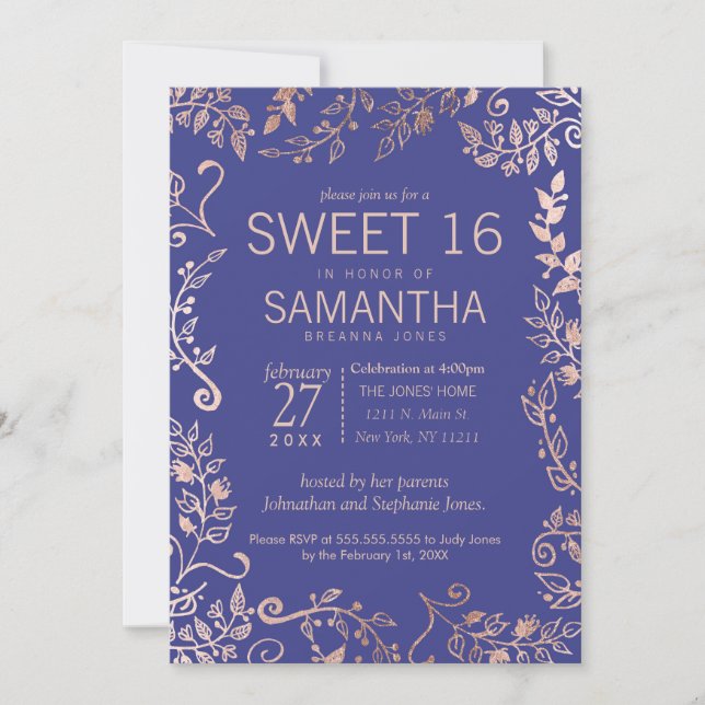 Elegant Roya Blue Rose Gold Floral Sweet 16 Invite (Front)