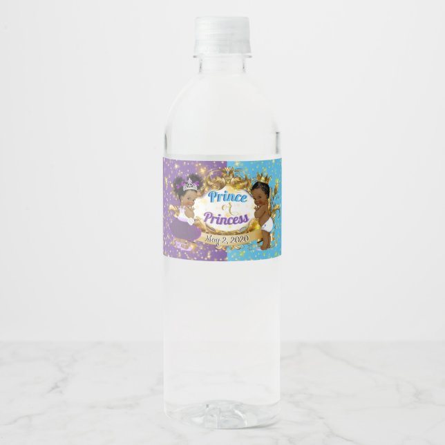 Elegant Royal African Gender Reveal Purple & Blue Water Bottle Label (Front)