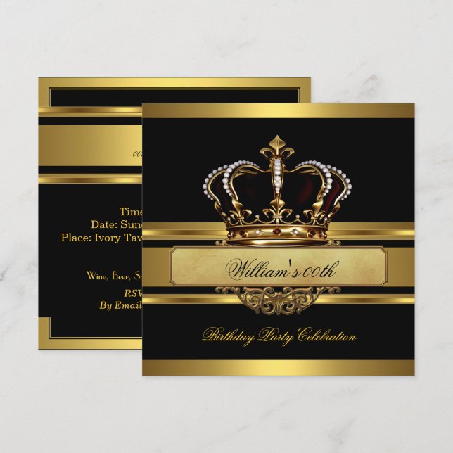 Elegant Royal Black Gold Birthday Prince King Invitation (Front/Back)