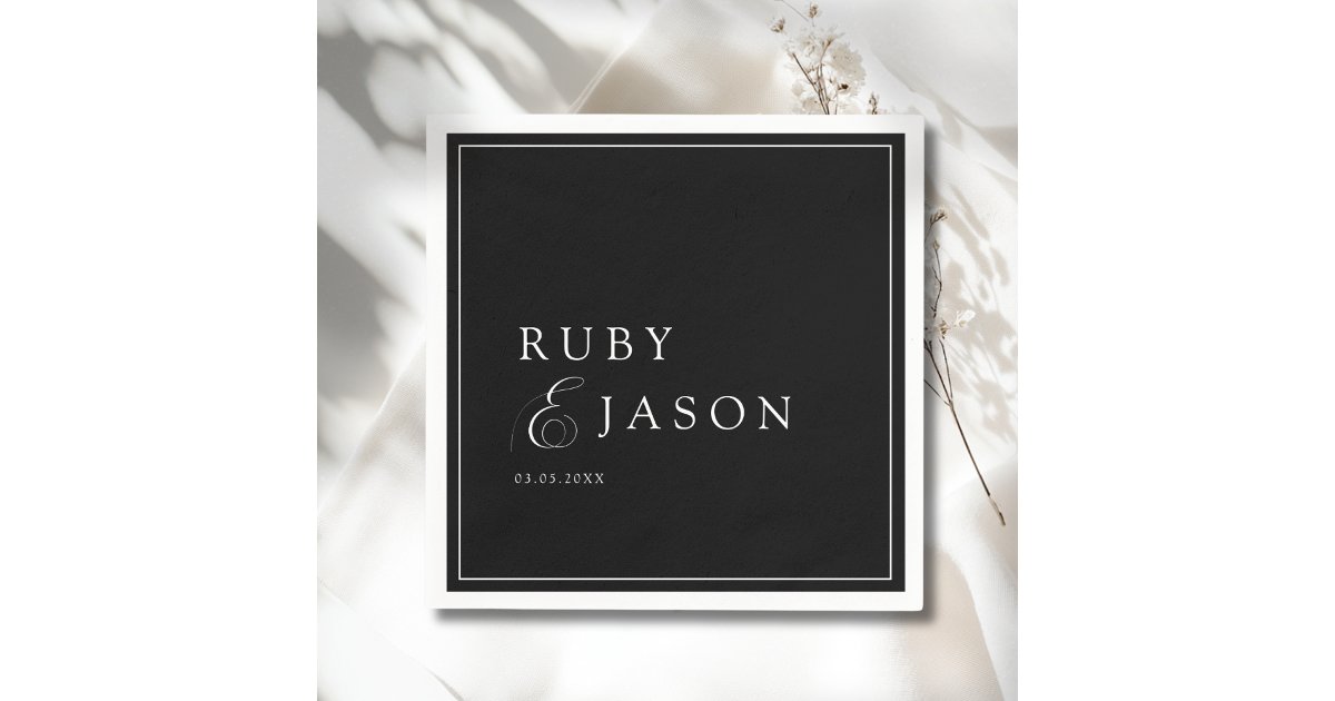 Elegant Royal Black & White Script Wedding Napkins | Zazzle