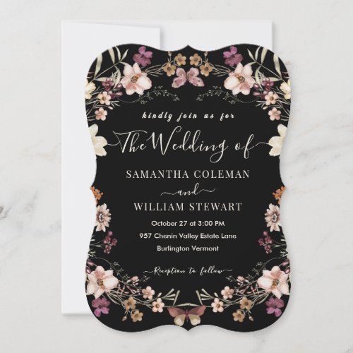 Elegant Royal Black Wildflower Modern Wedding Invitation