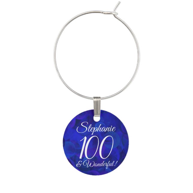 Elegant Royal Blue 100 and Wonderful Birthday Name Wine Charm (Front)