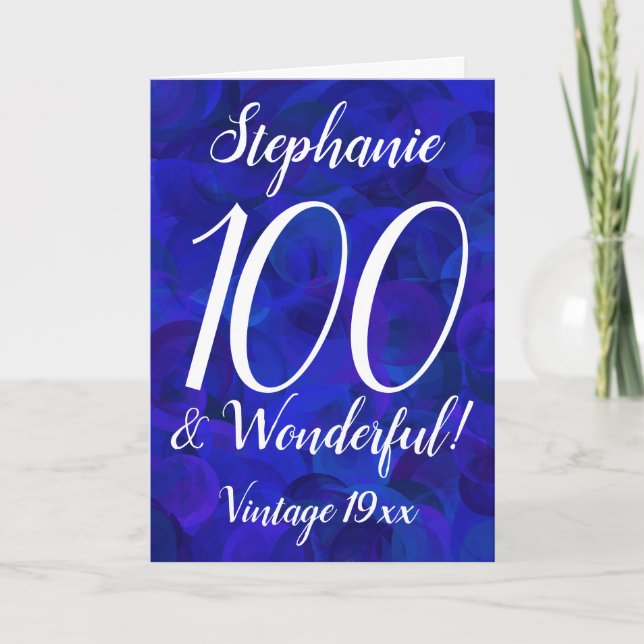 Elegant Royal Blue 100 and Wonderful Name Birthday Card (Front)