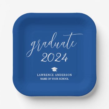 Elegant Royal Blue 2024 Graduate Graduation Party Paper Plates by littleteapotdesigns at Zazzle