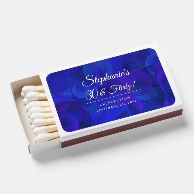Elegant Royal Blue 30 and Flirty Birthday Party Matchboxes (Front Open)