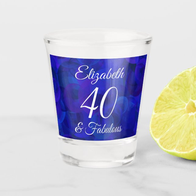 Elegant Royal Blue 40 and Fabulous Birthday Party Shot Glass (Front)