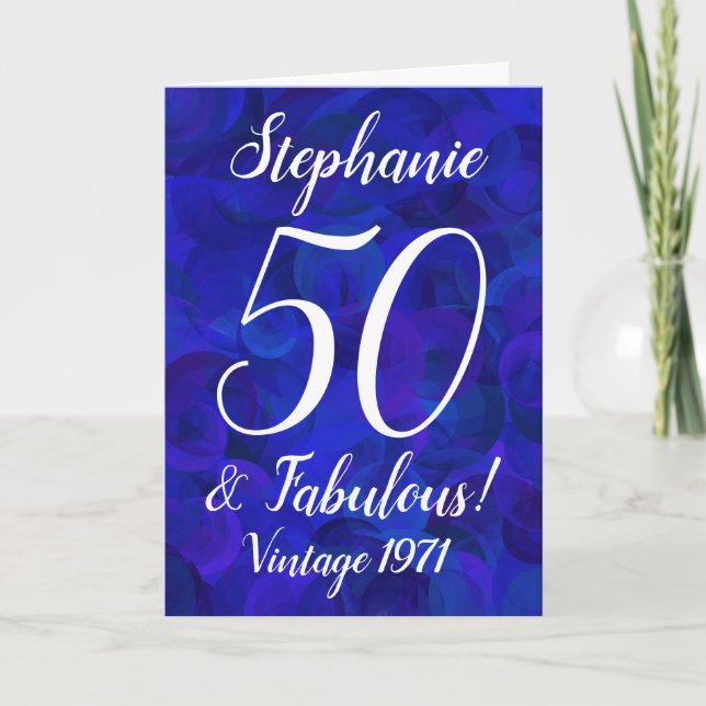 Elegant Royal Blue 50 and Fabulous Birthday Card (Front)