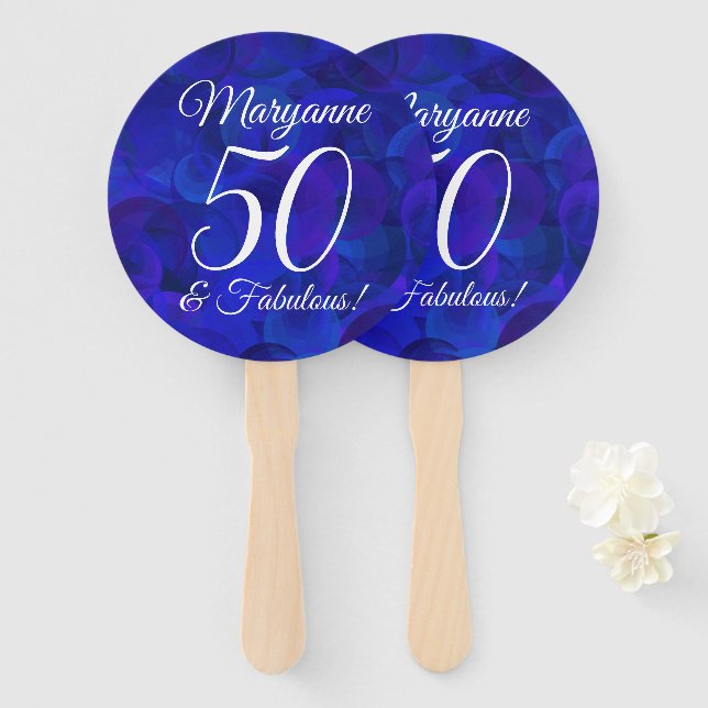 Elegant Royal Blue 50 and Fabulous Birthday Party Hand Fan (Front and Back)