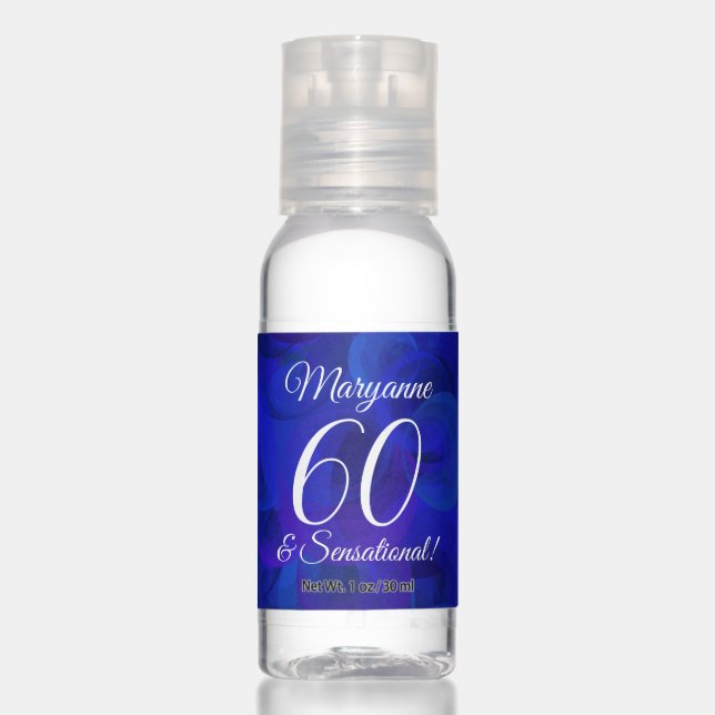 Elegant Royal Blue 60 & Sensational Birthday Favor Hand Sanitizer (Front)