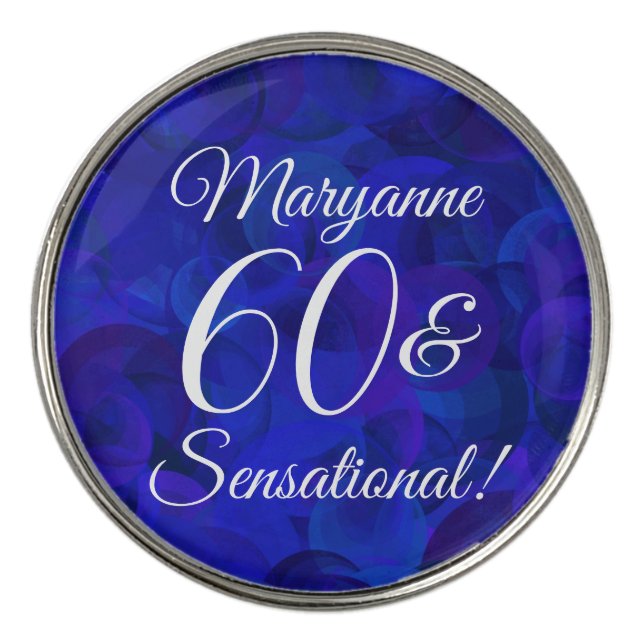 Elegant Royal Blue 60 & Sensational Birthday Party Golf Ball Marker (Front)