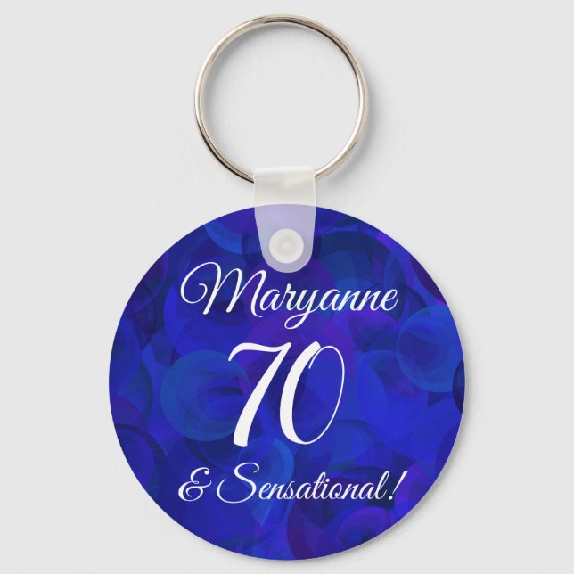 Elegant Royal Blue 70 & Sensational Birthday Party Keychain (Front)
