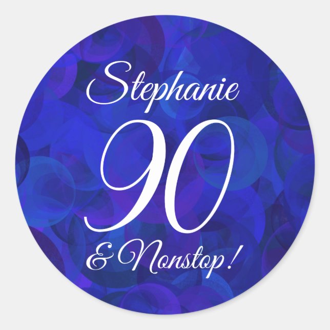 Elegant Royal Blue 90 and Nonstop Birthday Favor Classic Round Sticker (Front)