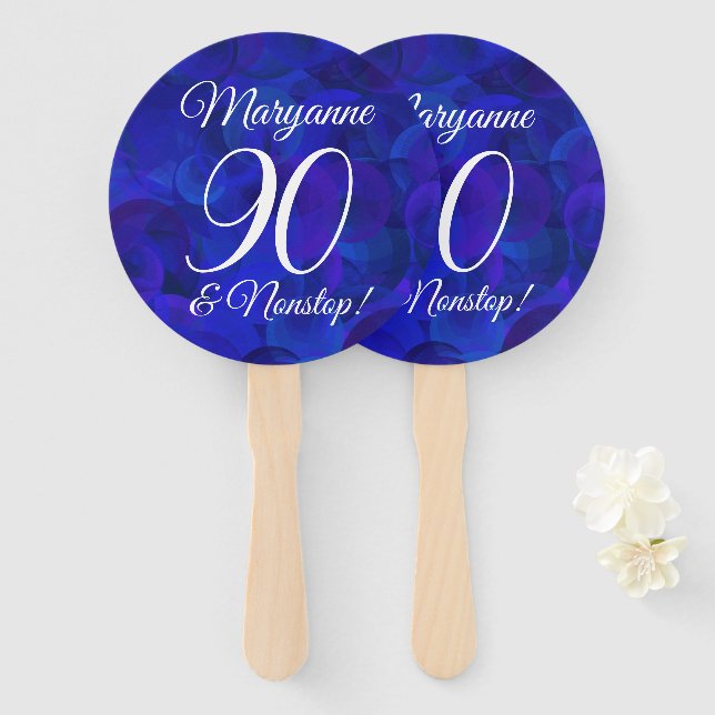 Elegant Royal Blue 90 and Nonstop Birthday Party Hand Fan (Front and Back)