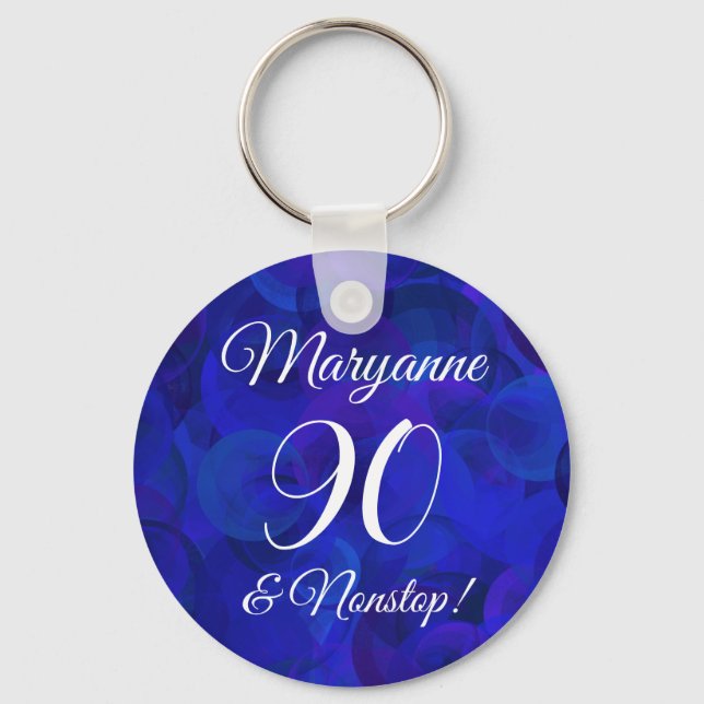 Elegant Royal Blue 90 and Nonstop Birthday Party Keychain (Front)