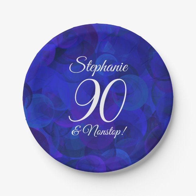Elegant Royal Blue 90 and Nonstop Birthday Party Paper Plates (Front)