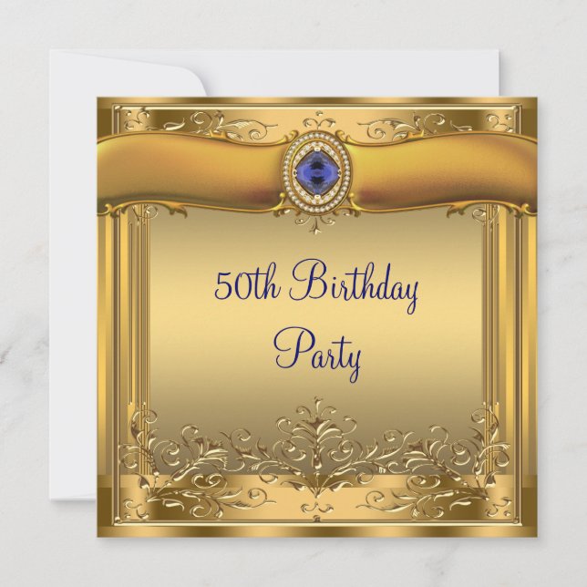 Elegant Royal Blue and Gold 50th Birthday Party Invitation (Front)