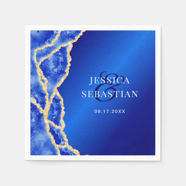 Elegant Royal Blue and Gold Agate Wedding Napkins (Front)