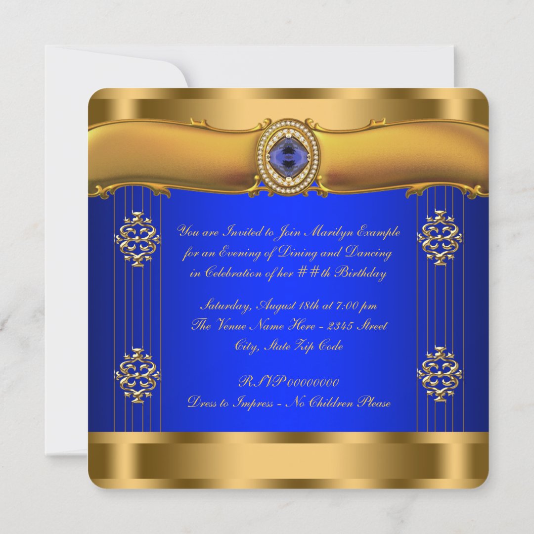 Elegant Royal Blue and Gold Birthday Invitation | Zazzle