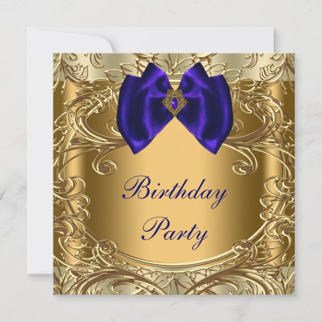 Elegant Royal Blue and Gold Birthday Party Invitation (Front)