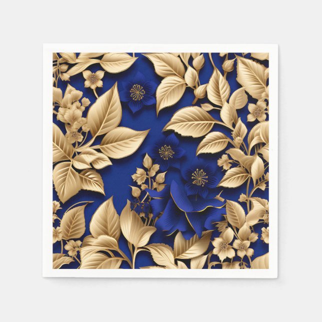 Elegant Royal Blue and Gold Floral Napkins (Front)