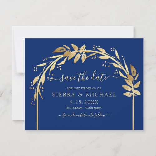 Elegant Royal Blue and Gold Foliage Arch Wedding Save The Date