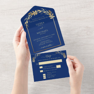 Elegant Royal Blue and Gold Foliage Wedding Arch All In One Invitation
