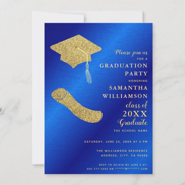 Elegant Royal Blue and Gold Graduation Invitation (Front)