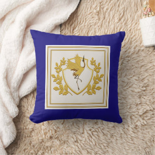 Elegant Royal Blue and Gold Heraldic Crane Crest Throw Pillow