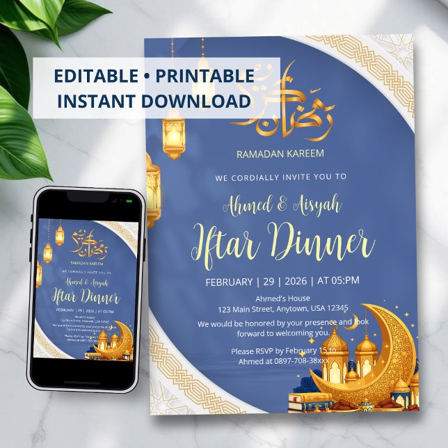 Elegant Royal Blue and Gold Islamic Iftar Dinner Invitation (Creator Uploaded)