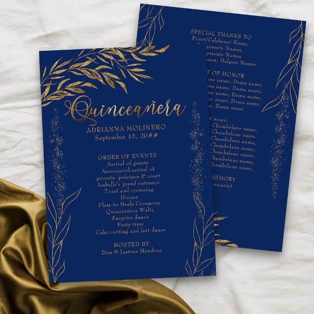 Elegant Royal Blue and Gold Leaf Quinceanera Program (Royal Blue Program from my Gold Leaf Quinceanera Collection)