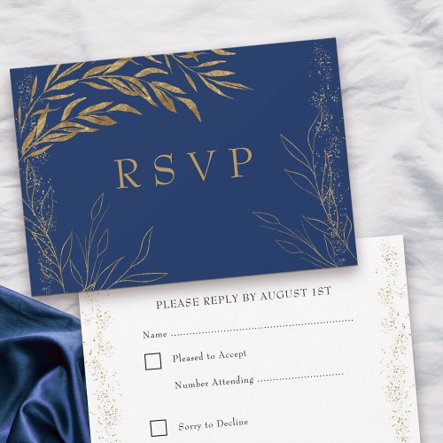 Elegant Royal Blue and Gold Leaf RSVP Card