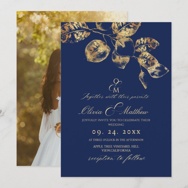 Elegant Royal Blue and Gold Leafs Wedding Invitation (Front/Back)