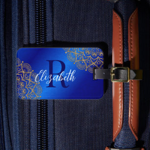 Elegant Royal Blue and Gold Mandala Monogrammed Luggage Tag
