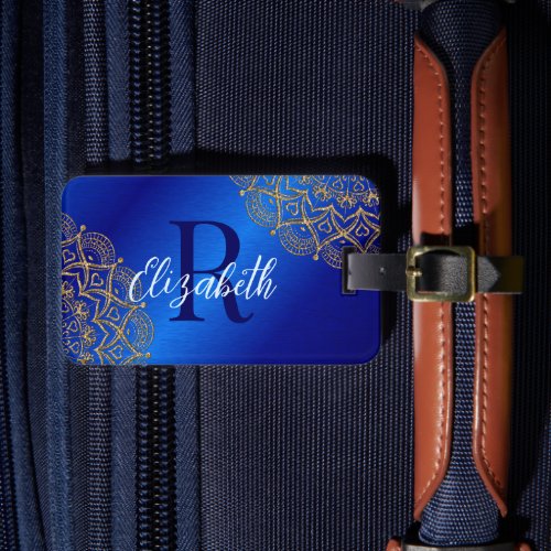 Elegant Royal Blue and Gold Mandala Monogrammed Luggage Tag