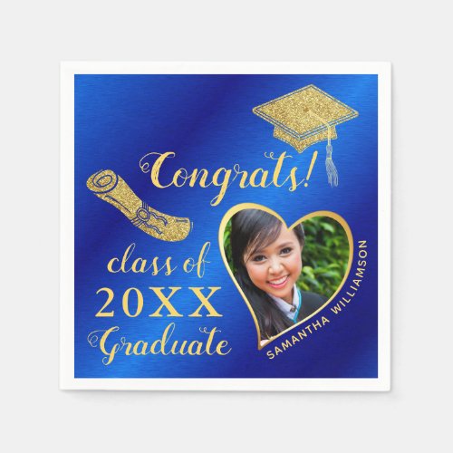 Elegant Royal Blue and Gold Photo 2023 Graduation Napkins