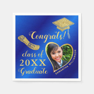 Elegant Royal Blue and Gold Photo 2025 Graduation Napkins
