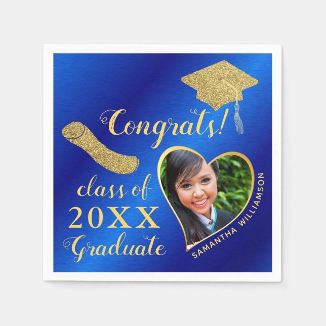 Elegant Royal Blue and Gold Photo 2025 Graduation Napkins (Front)