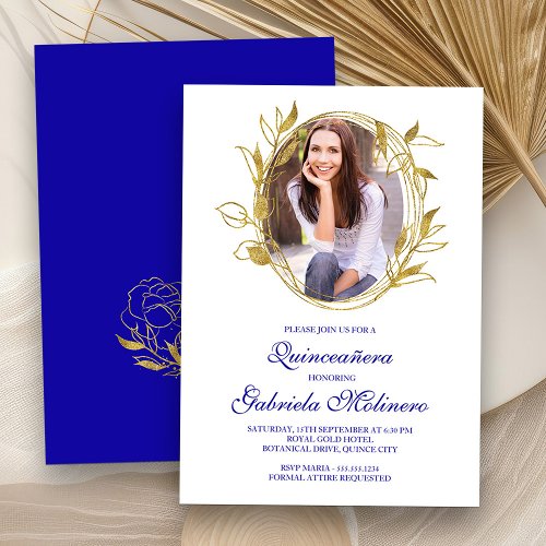 Elegant Royal Blue and Gold Photo Quinceanera Invitation