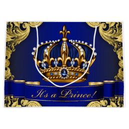 Elegant Royal Blue and Gold Prince Baby Shower Large Gift Bag