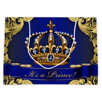 Elegant Royal Blue And Gold Prince Baby Shower Large Gift Bag by BabyCentral at Zazzle