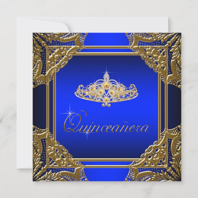 Elegant Royal Blue and Gold Quinceanera Invitation (Front)