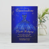 Elegant Royal Blue And Gold Themed Quinceanera Invitation (Standing Front)