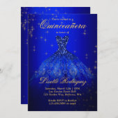 Elegant Royal Blue And Gold Themed Quinceanera Invitation (Front/Back)