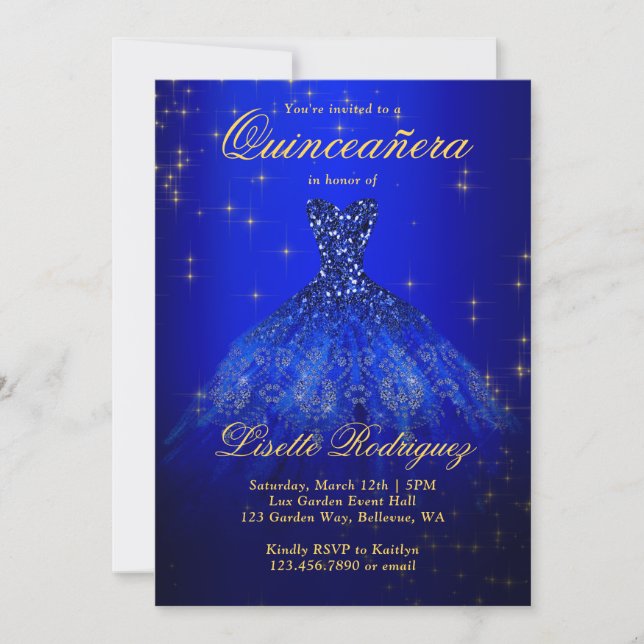 Elegant Royal Blue And Gold Themed Quinceanera Invitation (Front)