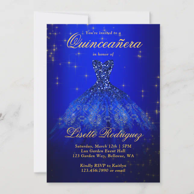 Elegant Royal Blue And Gold Themed Quinceanera Invitation | Zazzle