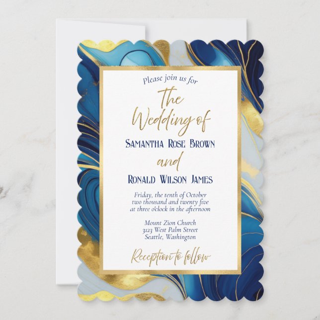 Elegant Royal Blue and Gold Wedding Invitation (Front)