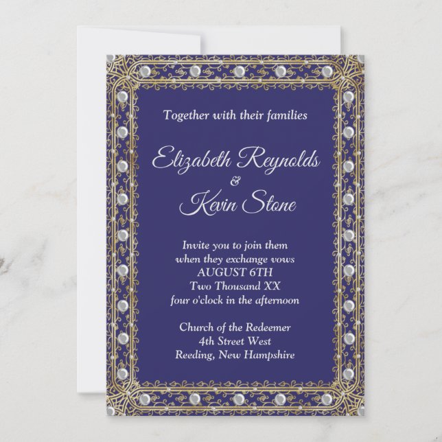 Elegant royal blue and gold wedding Invitation (Front)