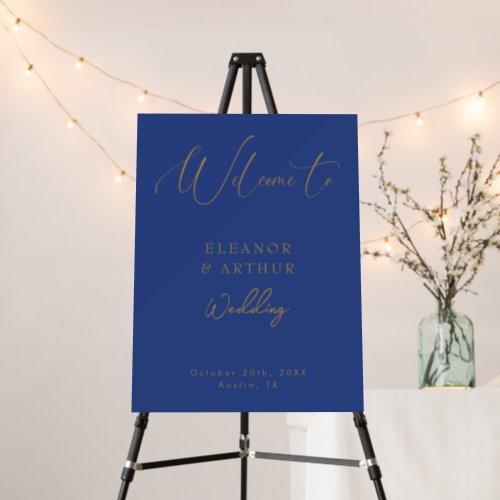Elegant Royal Blue and Gold Wedding Welcome Sign