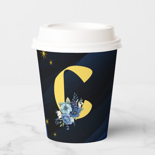 Elegant Royal Blue and Gold with Initial "C" Paper Cups (Front)