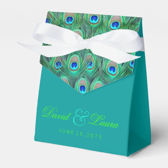 Elegant Royal Blue and Green Peacock Wedding Favor Boxes (Front Side)
